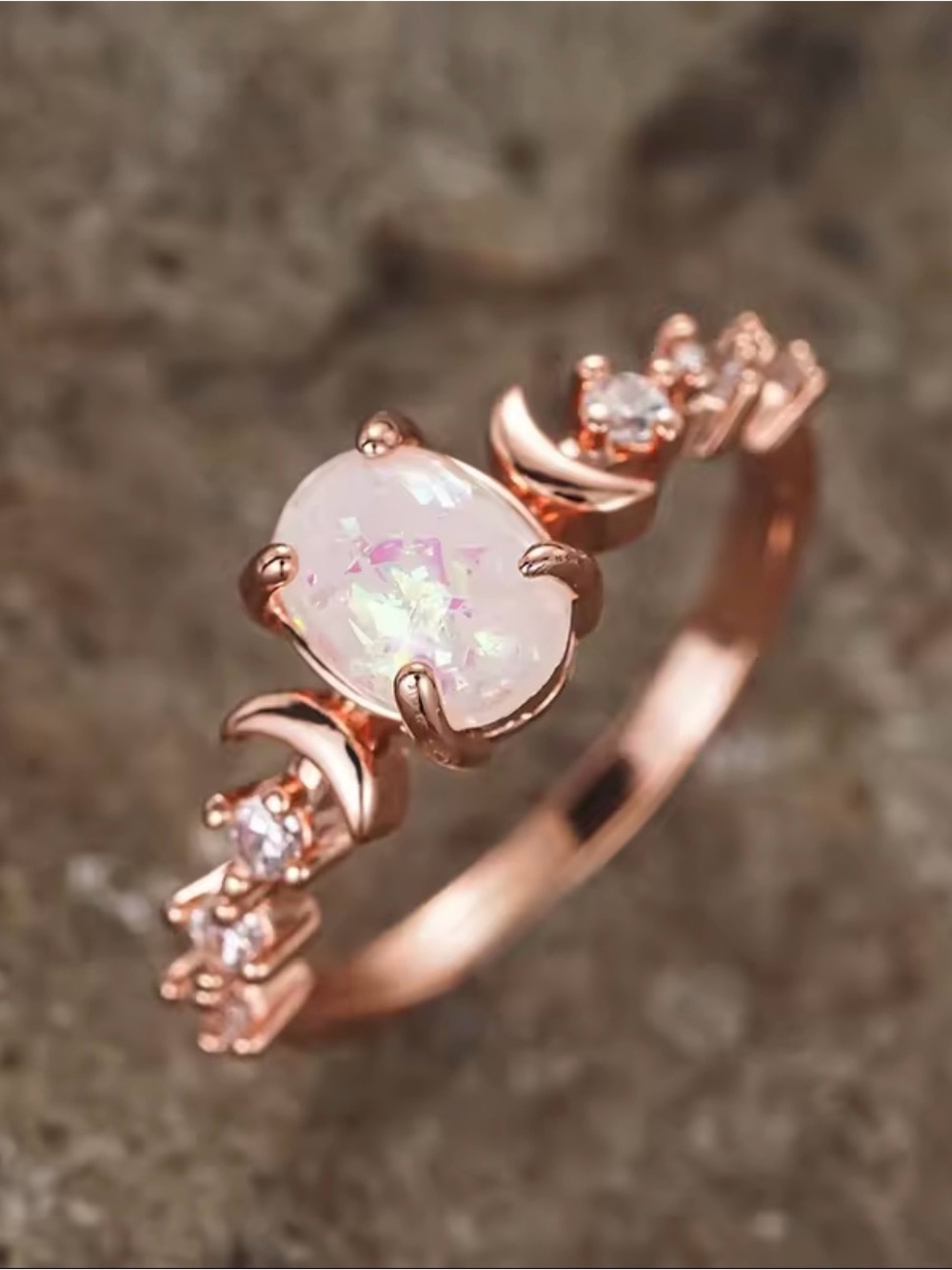 Rose Gold Moonstone Ring with Sparkling Accents - Women Jewelry
